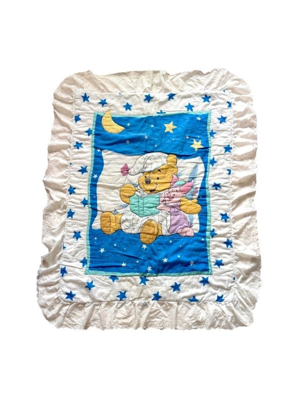 Vintage Winnie the Pooh & Piglet Comforter Baby Blanket Moon & Stars Ruffle 1995